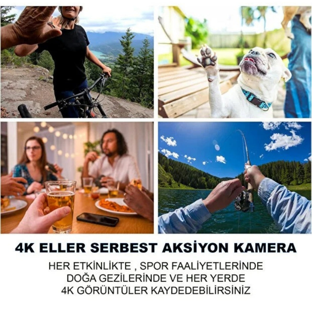 4K Aksiyon Kamerası – Su Geçirmez, Geniş Açı Lens, Tüm Montaj Aksesuarları Dahil